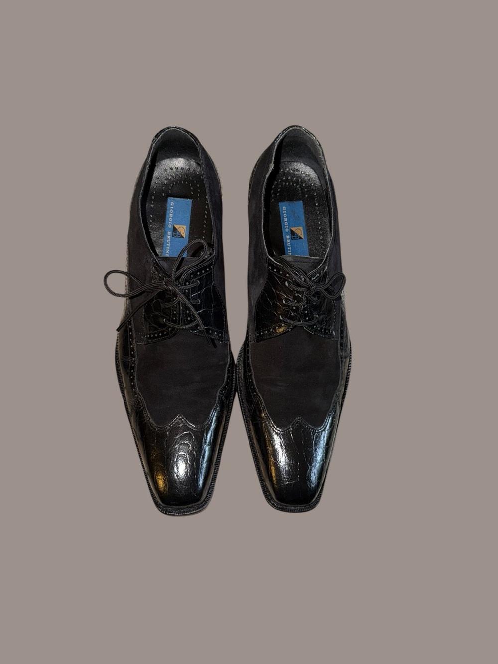 VTG Giorgio Brutini Black Croc Embossed Suede Wingtip Oxfords Men's 13 Y2K